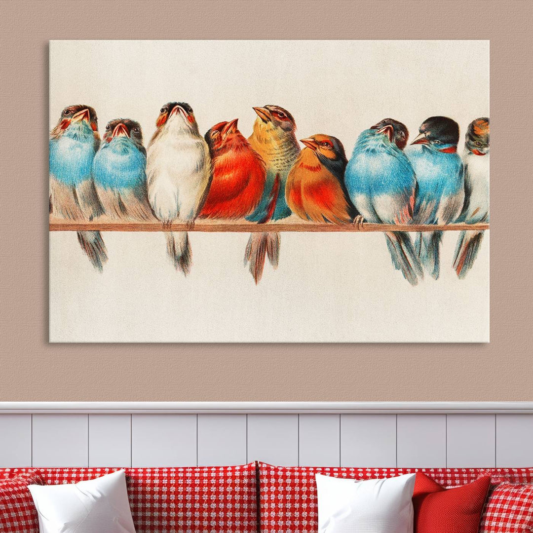 The Abstract Birds Wall Art Canvas Print, featuring a triptych of colorful birds perched on a branch, is printed on museum-quality canvas and equipped with a UV-protective coating and ready-to-hang design. This artwork adds vibrant elegance to your living space.