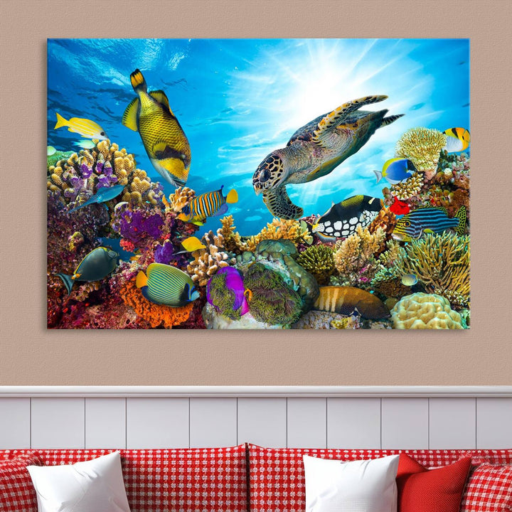 The Aquatic Life Sea Turtles Fish Wall Art Canvas Print is a triptych of vibrant underwater scenes featuring a sea turtle, various fish, and colorful coral. Crafted on museum-quality canvas, this handcrafted masterpiece brings the ocean to life in any space.