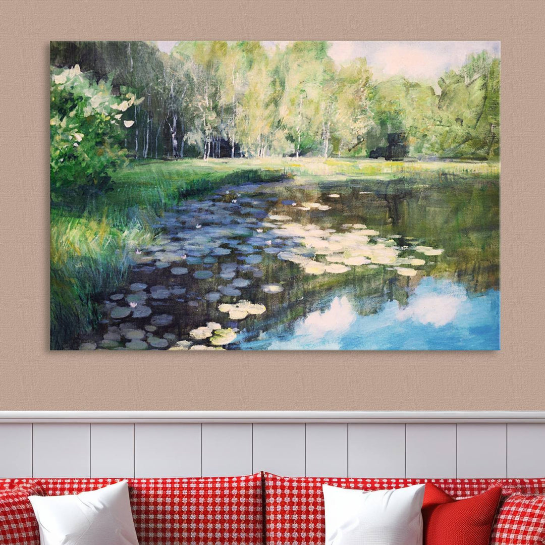 The "Forest Pond River Lake Wall Art Canvas Print" showcases a serene lakeside landscape with trees and water lilies. Crafted on museum-quality canvases and enhanced with UV-protective coating, this piece serves as an elegant addition to any space.