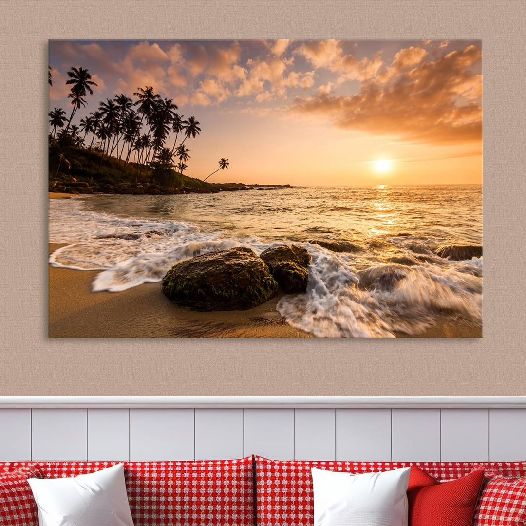 The "Tropical Island Sunset Sunrise Wall Art Canvas Print" is a stunning triptych that showcases a tranquil beach sunset complete with waves and palm trees. Each canvas piece is meticulously hand-assembled and framed using museum-quality polycotton with a UV-protective coating to ensure enduring beauty.