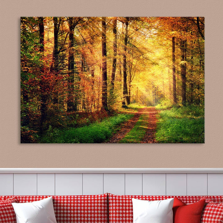 The Sunlight Through Trees Wall Art Canvas Print showcases a sunlit forest path in autumn on gallery-wrapped, museum-quality canvas with UV-protective coating.