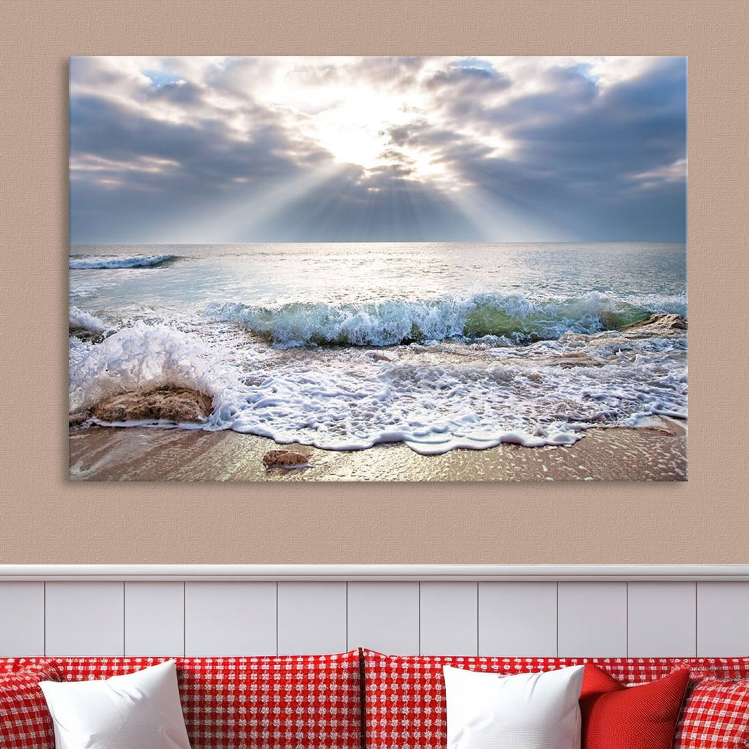 Sunset At The Beach Wall Art Canvas Print, showcasing a triptych of a tranquil ocean view with waves and sun rays, is printed on museum-quality canvas with UV-protective coating. Enjoy this artistic elegance with free shipping.