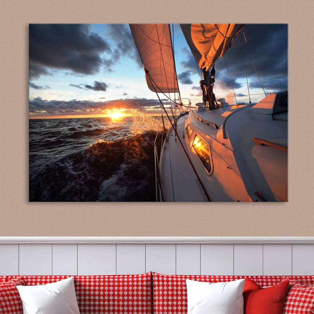 The modern living room is adorned with the Ocean Sunset Sailboat Wall Art, a triptych crafted on museum-quality canvas featuring UV-protective coating for lasting vibrancy.