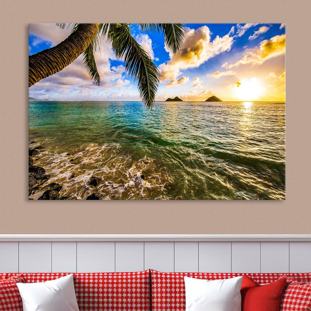 The Sunset Lake View Wall Art Canvas Print, gallery wrapped on a museum-quality canvas, enhances the vibrant living room decor with its UV-protective coating.