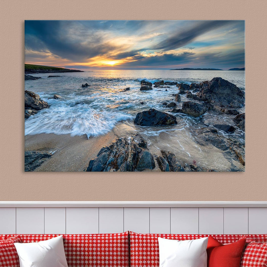 The "Beautiful Stormy Sunset at Bagh Steinigidh Beach Stones" triptych ocean-themed wall art is displayed on museum-quality canvas and features a UV-protective coating.