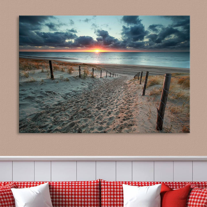 The modern living room features the Cloudy Weather Sunset Beach Wall Art Canvas Print. This museum-quality canvas adds a touch of sophistication with its hand-assembled framed art, ensuring lasting elegance. Enjoy free shipping on this exquisite piece.