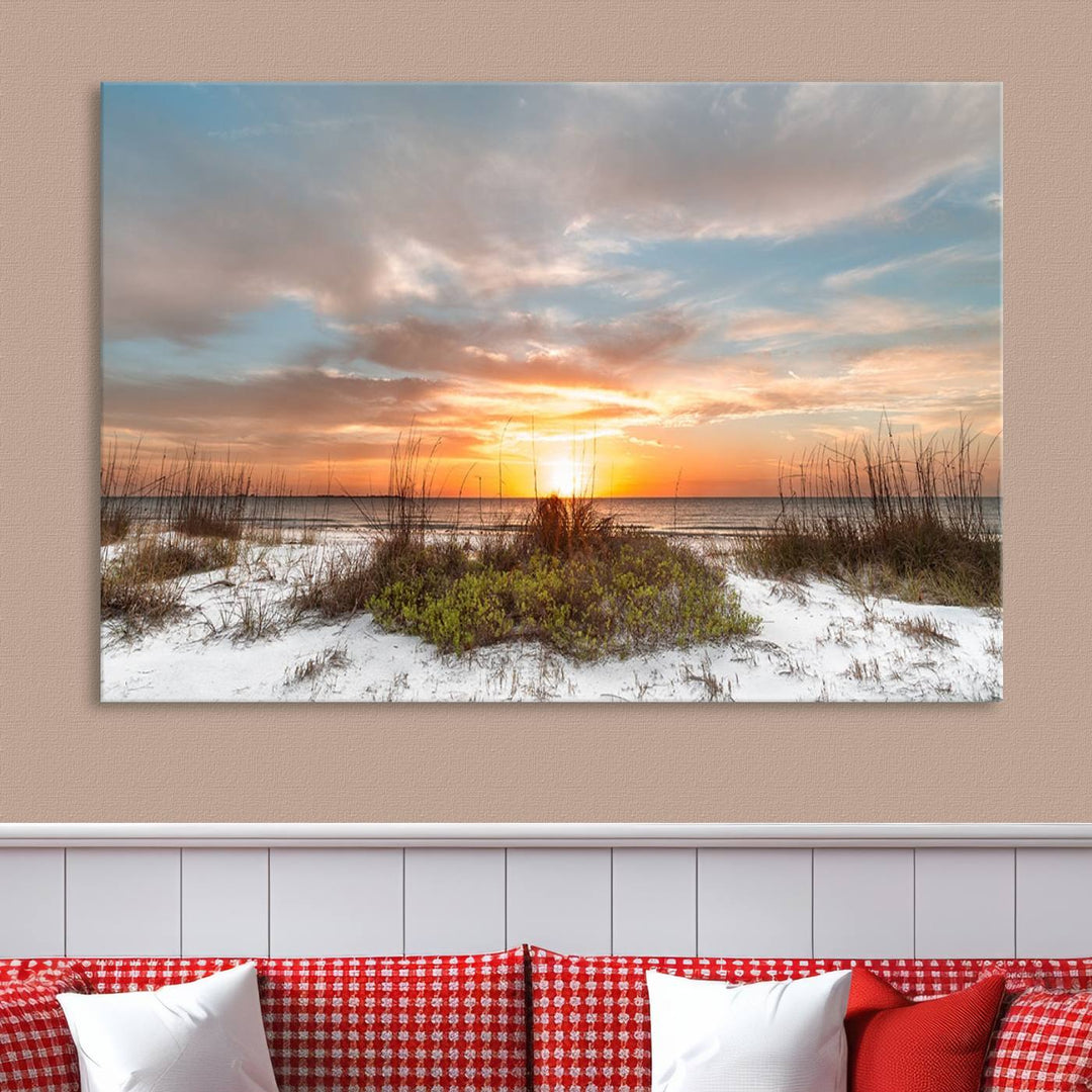 The Beach Ocean Sunset Sand Wall Art Canvas Print is expertly crafted on museum-quality canvases with a UV-protective coating.