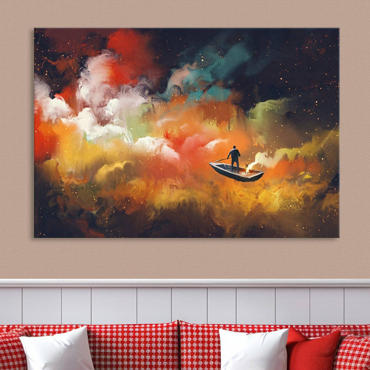 The "Surreal Space Adventure Canvas Wall Art" is a dreamlike abstract galaxy print with an astronaut among clouds, inviting you on a space adventure. This stunning piece comes framed and ready to hang, making it perfect for enhancing living room or bedroom decor.