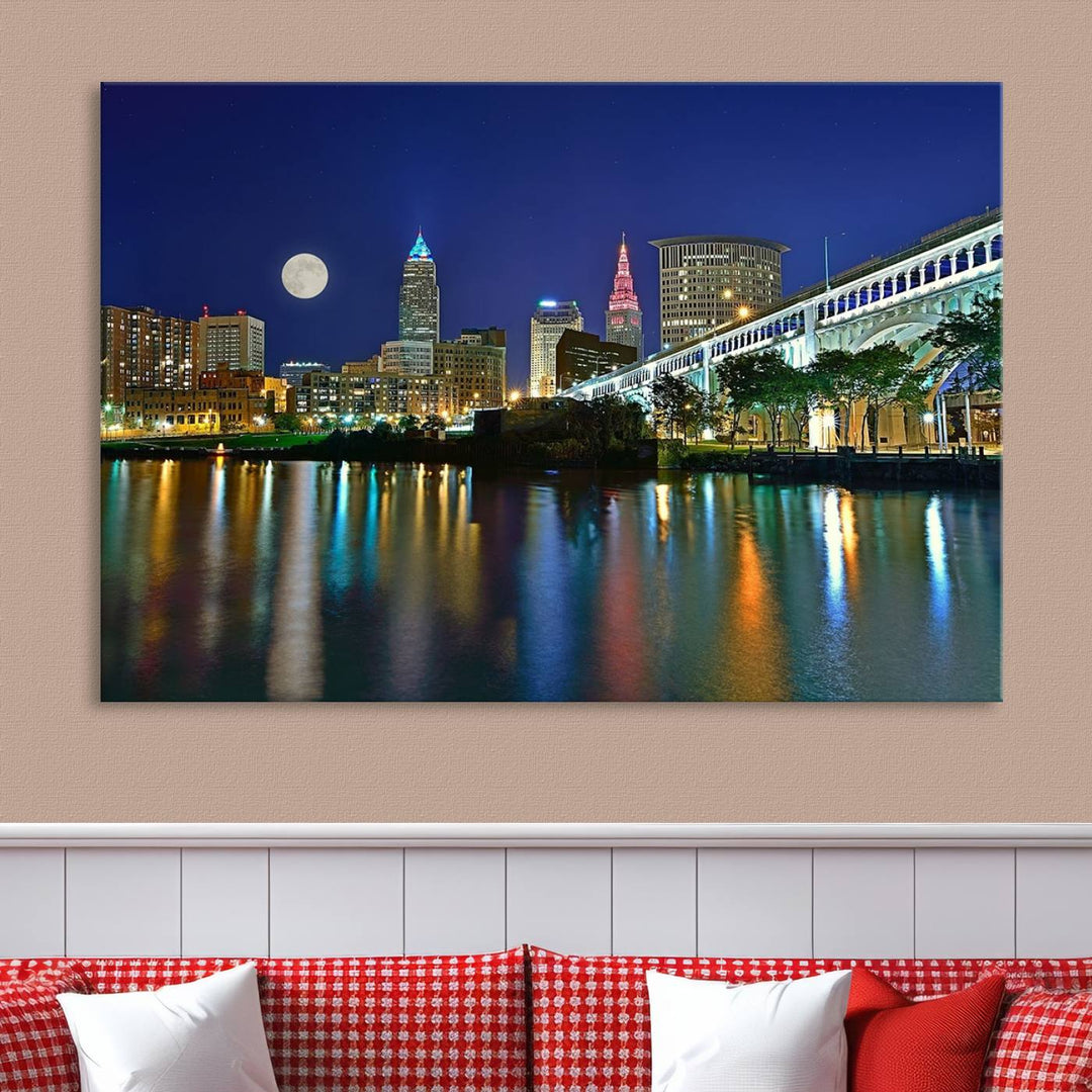 Cleveland City Lights Night Skyline, a stunning triptych wall art cityscape canvas print with museum-quality UV-protective coating, is beautifully showcased.