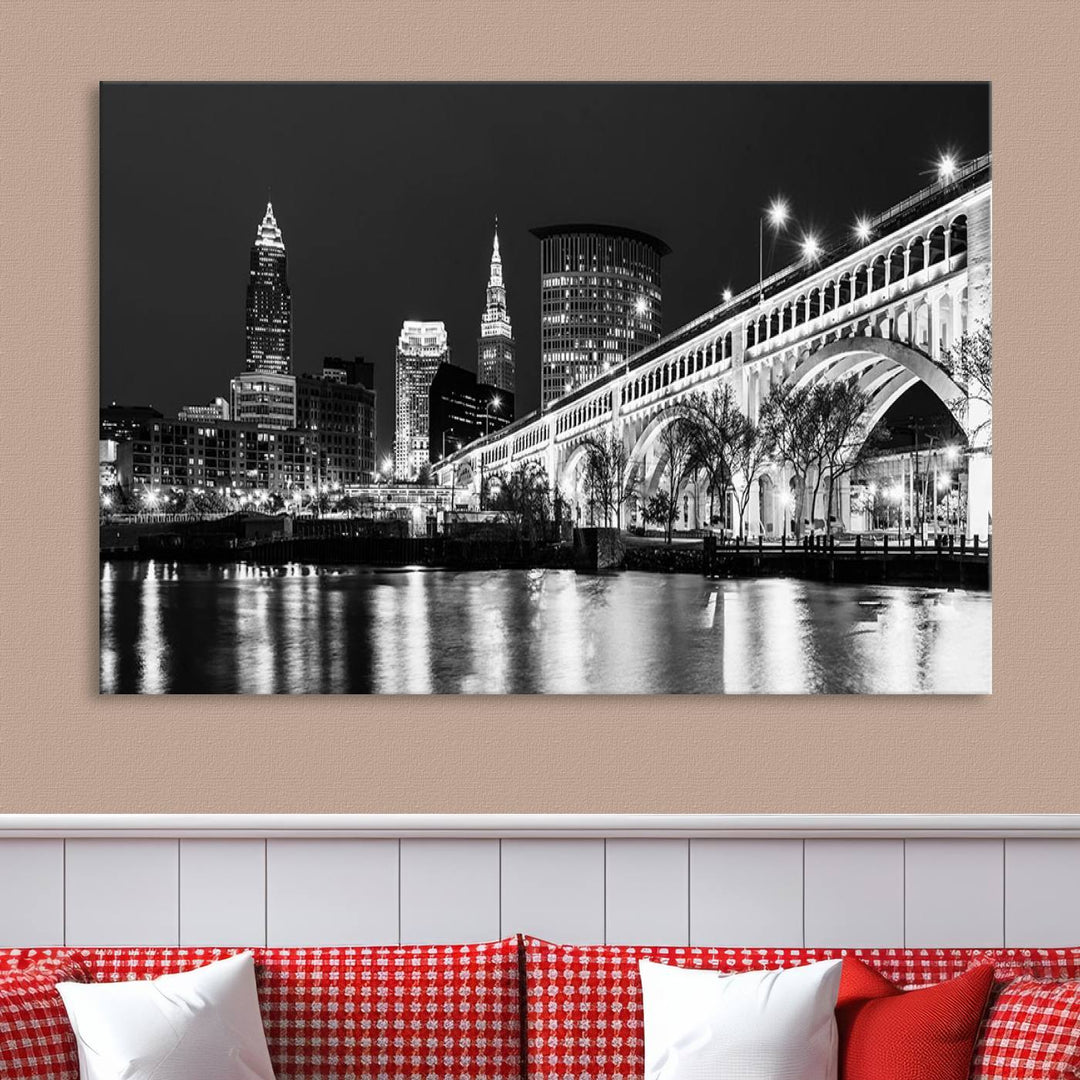 Enhance your space with the Cleveland Night Skyline Wall Art City Cityscape Canvas Print, a museum-quality black and white triptych. This ready-to-hang masterpiece is designed to elevate any room's aesthetic.