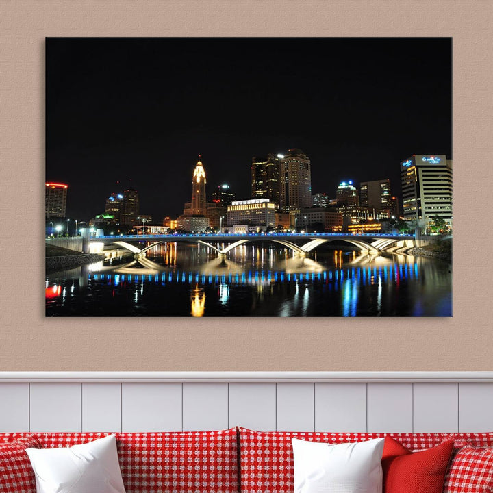 The "Columbus City Lights Night Skyline Cityscape View Wall Art Canvas Print" elegantly decorates the area, presented on museum-quality canvases that feature UV-protective coating to maintain their vibrant appearance.