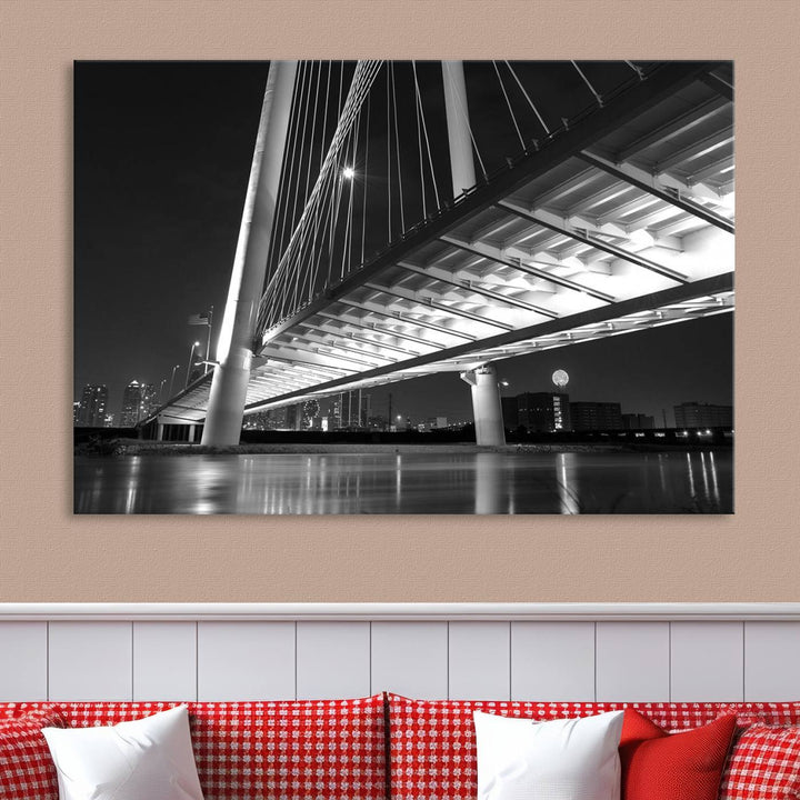 The modern living room features the museum-quality "Dallas City Bridge Lights Skyline Black and White Wall Art Cityscape Canvas Print," elegantly displayed on gallery-wrapped canvas.