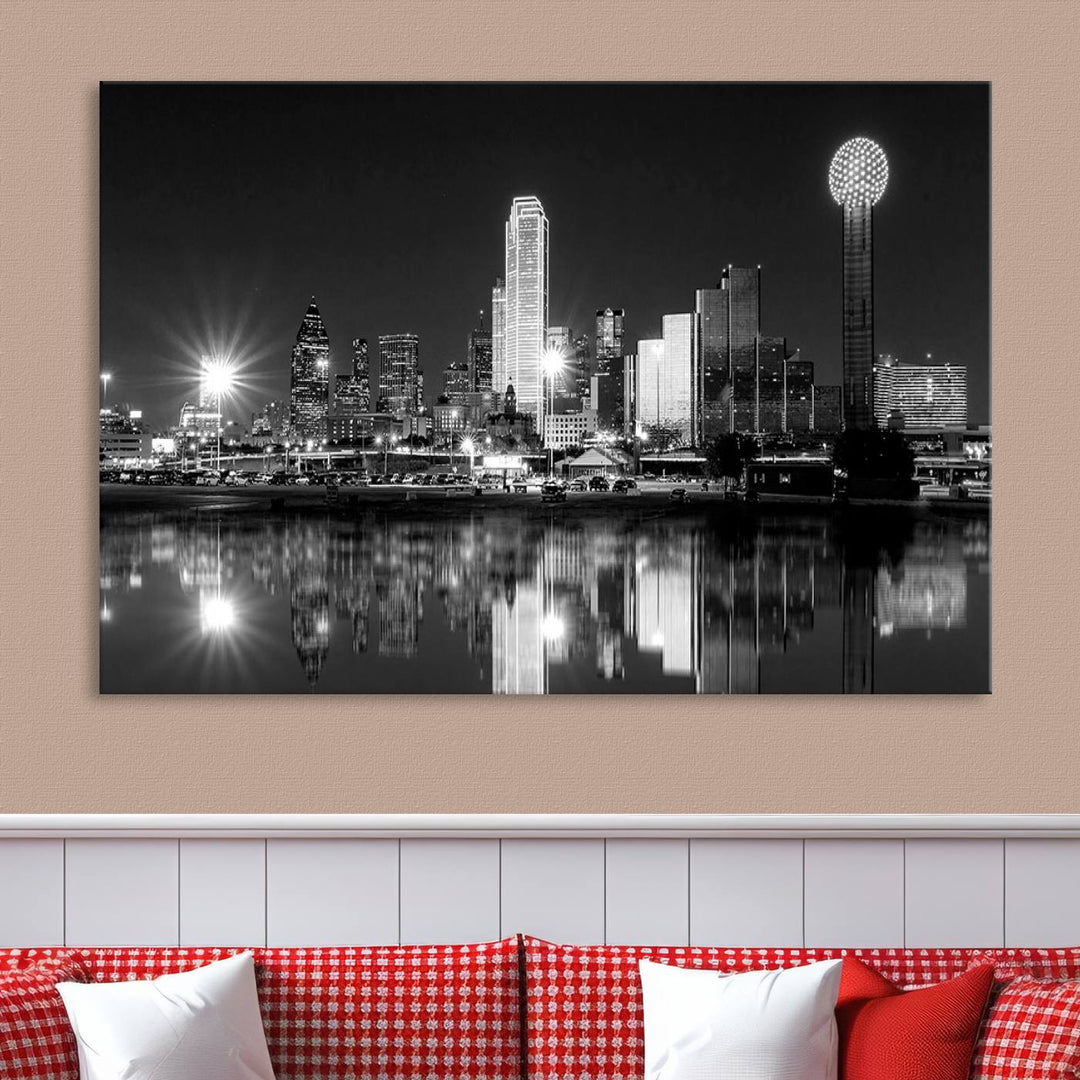 The living room showcases the Dallas City Lights Skyline Black and White Wall Art Cityscape Canvas Print. This museum-quality artwork is ready to hang and features a UV-protective coating to maintain its vibrant colors.