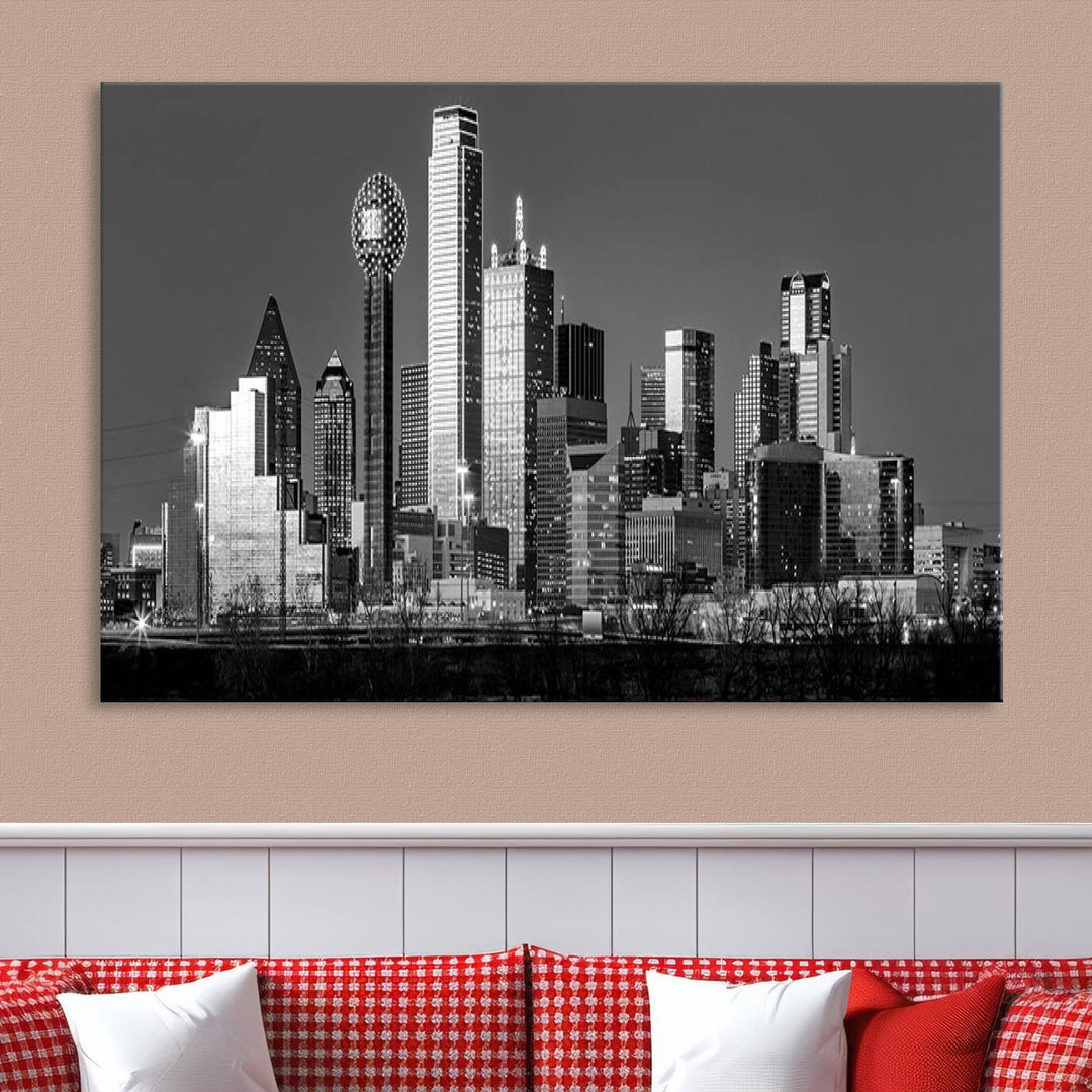 The Dallas City Skyline Black and White Wall Art Cityscape Canvas Print features a gallery-wrapped, museum-quality finish.