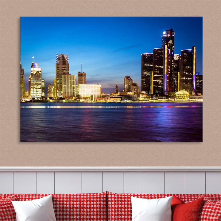 The living room features a breathtaking canvas print titled "Detroit City Lights Night Bright Blue Skyline Cityscape View," presented in a stunning triptych format on museum-quality canvases that are ready to hang.