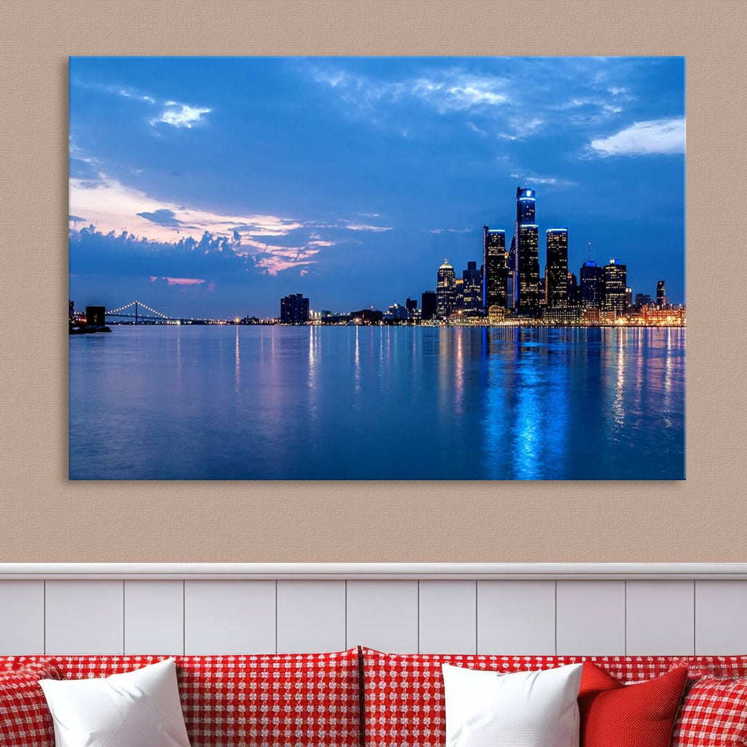 The "Detroit City Lights Night Blue Cloudy Skyline Cityscape View" wall art, displayed on museum-quality canvases, is split into three gallery-wrapped panels.