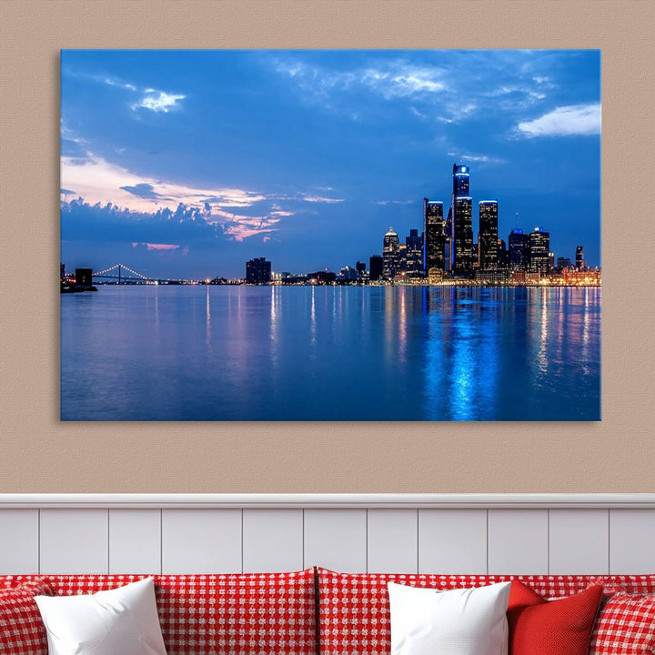 The "Detroit City Lights Night Blue Cloudy Skyline Cityscape View" wall art, displayed on museum-quality canvases, is split into three gallery-wrapped panels.