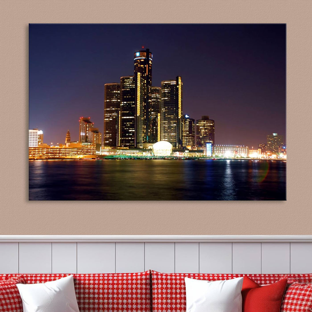 The Detroit City Lights Night Skyline Cityscape View Wall Art Canvas Print, elegantly split into three panels, is made from museum-quality pollycotton and gallery wrapped for a sophisticated touch. It is available with free shipping to effortlessly elevate your space.