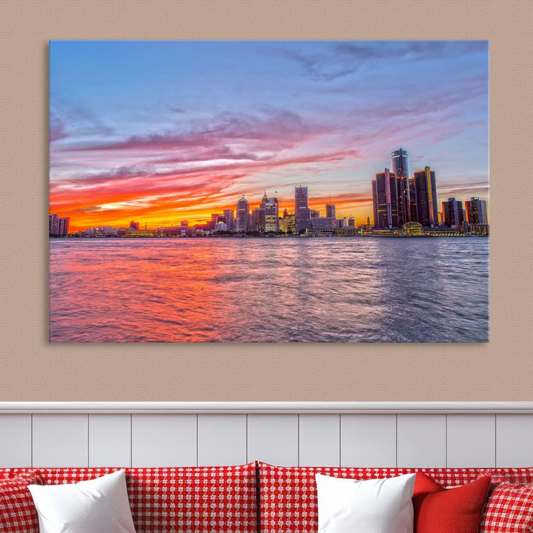 The Detroit City Lights Sunset Colorful Cloudy Skyline Cityscape View Wall Art Canvas Print showcases a vibrant city skyline at sunset over water. The artwork is museum-quality, comes ready to hang, and features a UV-protective coating to preserve its vivid colors.