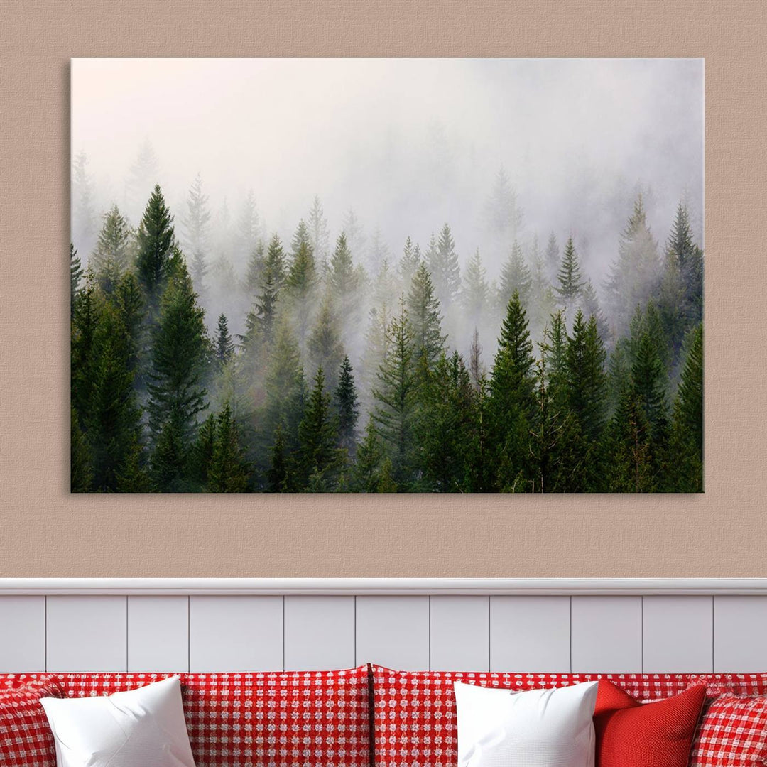 A 3-panel Misty Pine Forest Wall Art Canvas Print, featuring a green woodland scene, adorns the wall.