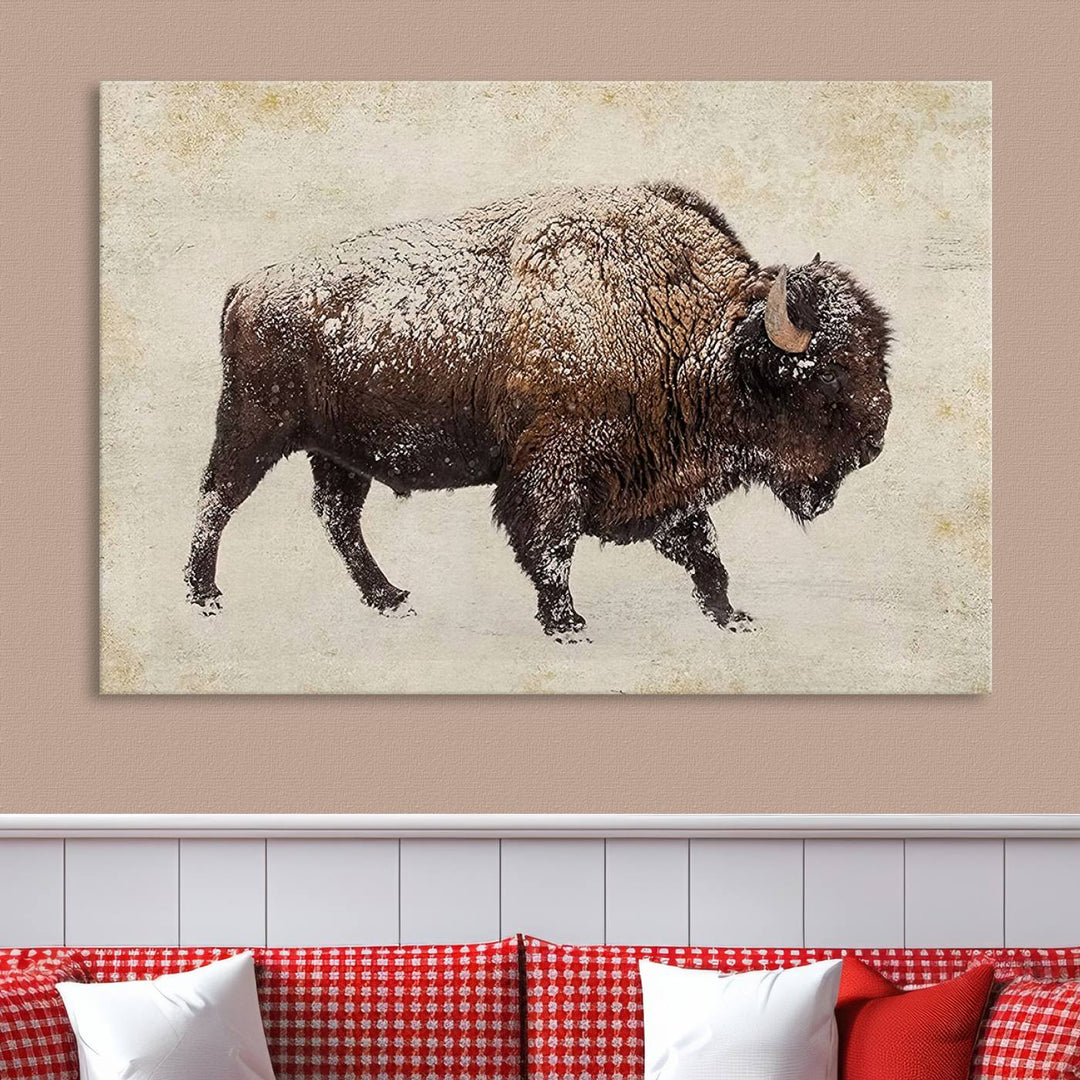 The "Buffalo Wall Art" canvas print, featuring a Western bison, hangs prominently, infusing the space with rustic cowboy and Western decor.