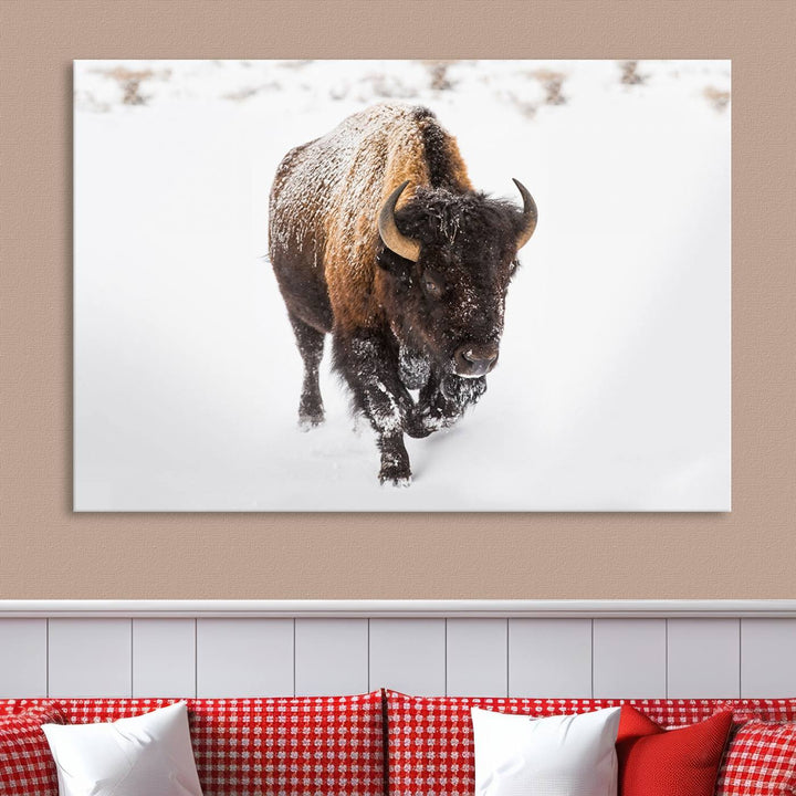 The Bison Winter Wall Art Canvas Print for Farmhouse Decor is displayed as a triptych in the living room. This artwork, printed on museum-quality canvases with a UV-protective coating to maintain its vibrant colors, is the focal point of the space.