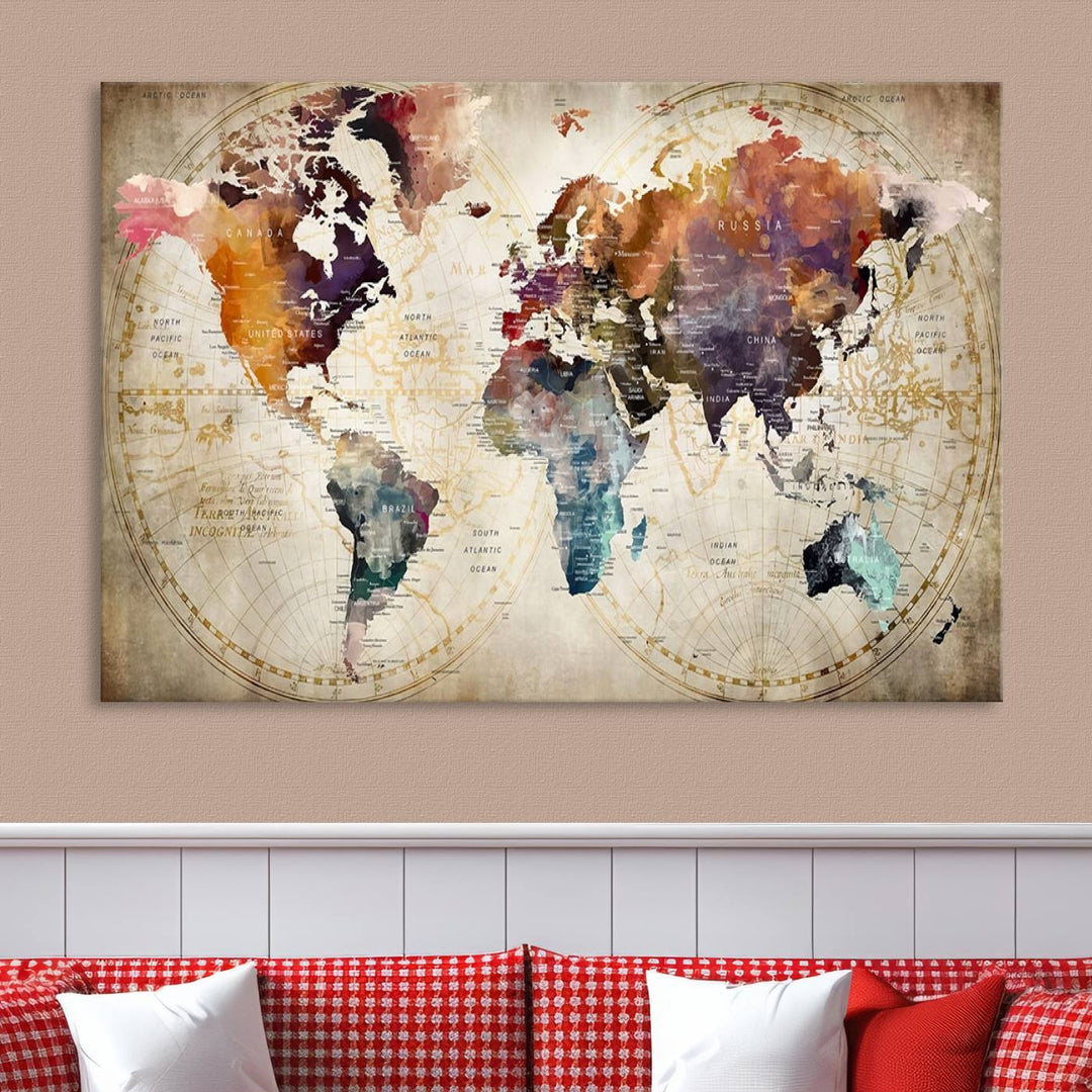 A World Map Wall Art Canvas Print featuring vibrant colors is crafted on museum-quality canvas, adding a touch of elegance to the room.