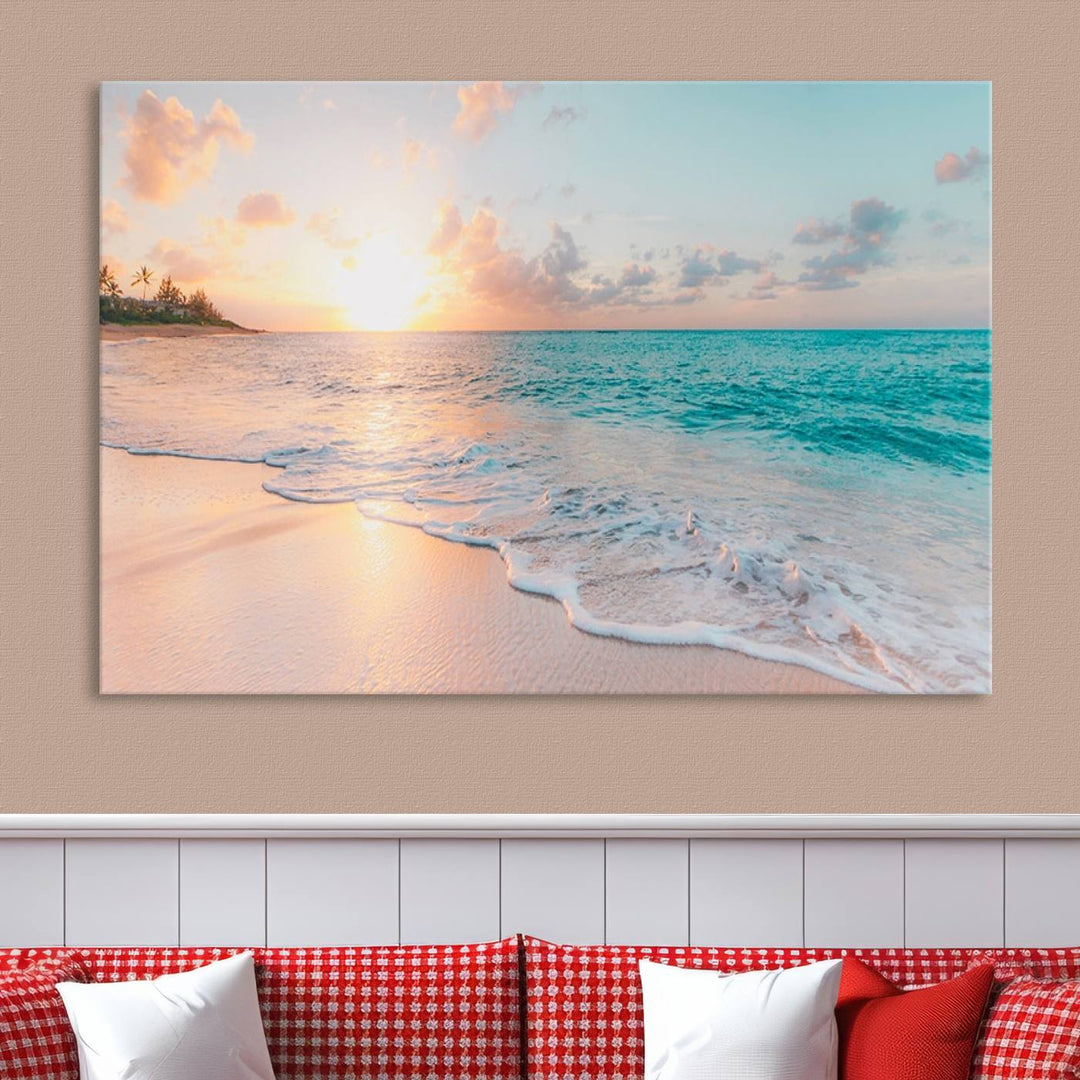 Beach Sunrise Wall Art, Coastal Seascape Canvas Print, Ocean Wave Multi-Panel Giclee, Coastal Sunset Beach Scene for Modern Decor