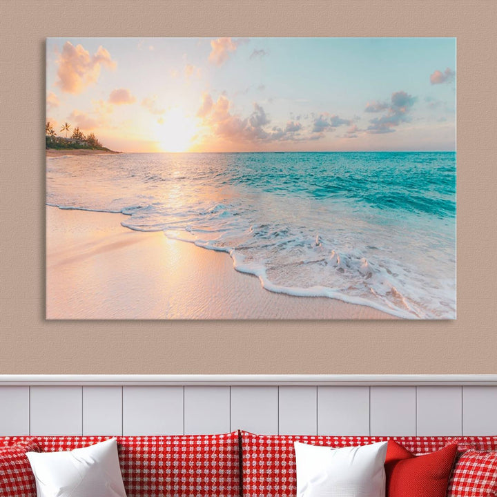 Beach Sunrise Wall Art, Coastal Seascape Canvas Print, Ocean Wave Multi-Panel Giclee, Coastal Sunset Beach Scene for Modern Decor