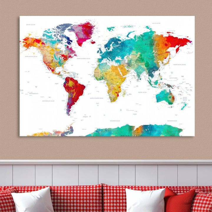 A stunning Colorful World Map Triptych Canvas Print, featuring a ready-to-hang framed design, adds vibrancy and modern flair to the space, effortlessly elevating the entire home décor.