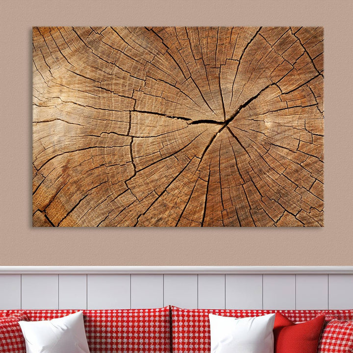 The stunning multi-panel wall art piece, the Tree Ring Canvas Art, features intricate rustic wood grain textures. This giclee triptych hangs elegantly on the wall.