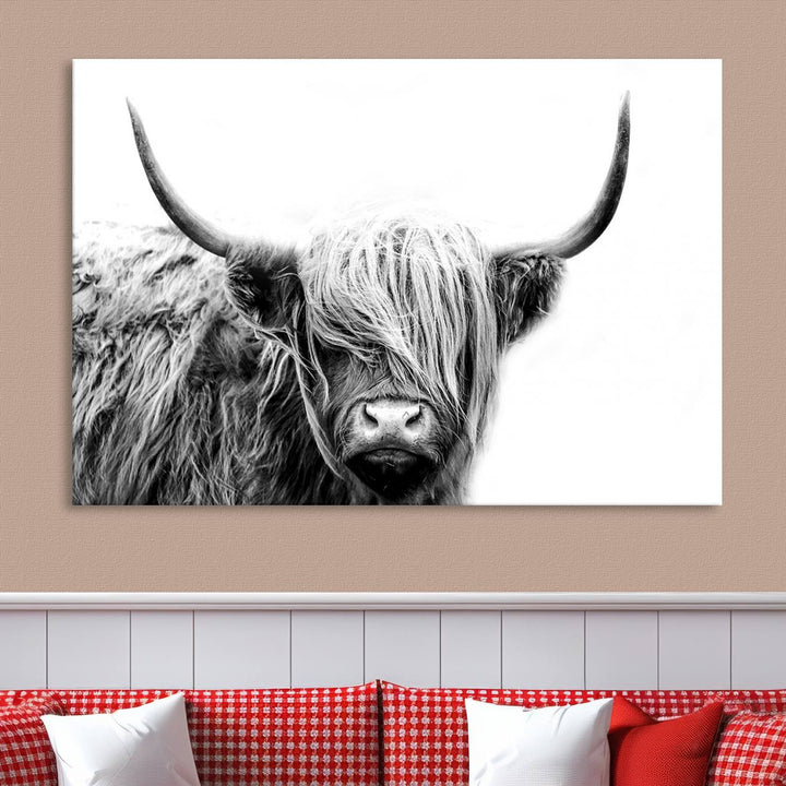 A museum-quality triptych titled "Black White Scottish Highland Cow Cattle Art Print Farmhouse Wall Art Canvas Print" embellishes the dark wall. The canvas is equipped with a UV-protective coating to ensure lasting vibrancy.