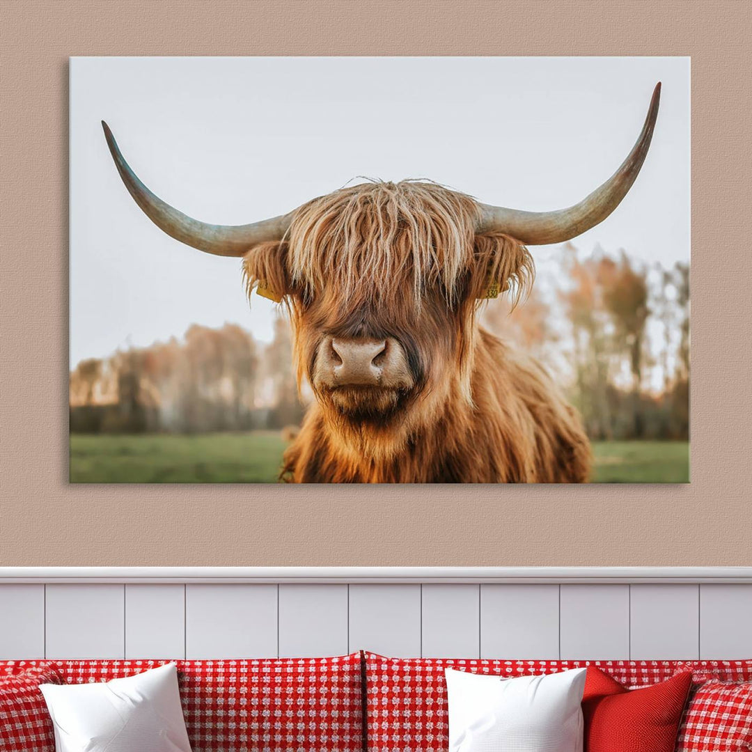 A Highland Cow Animal Scottish Cattle Art Print Farmhouse Wall Art Canvas Print hangs in the living room, adding a touch of rustic farmhouse decor.