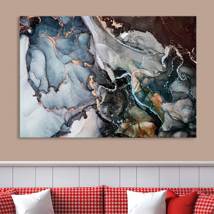 The Mix Color Large Abstract Marble Wall Art Canvas Print is printed on museum-quality canvas. It features a UV-protective coating and is ready to hang, adding elegance to the room.