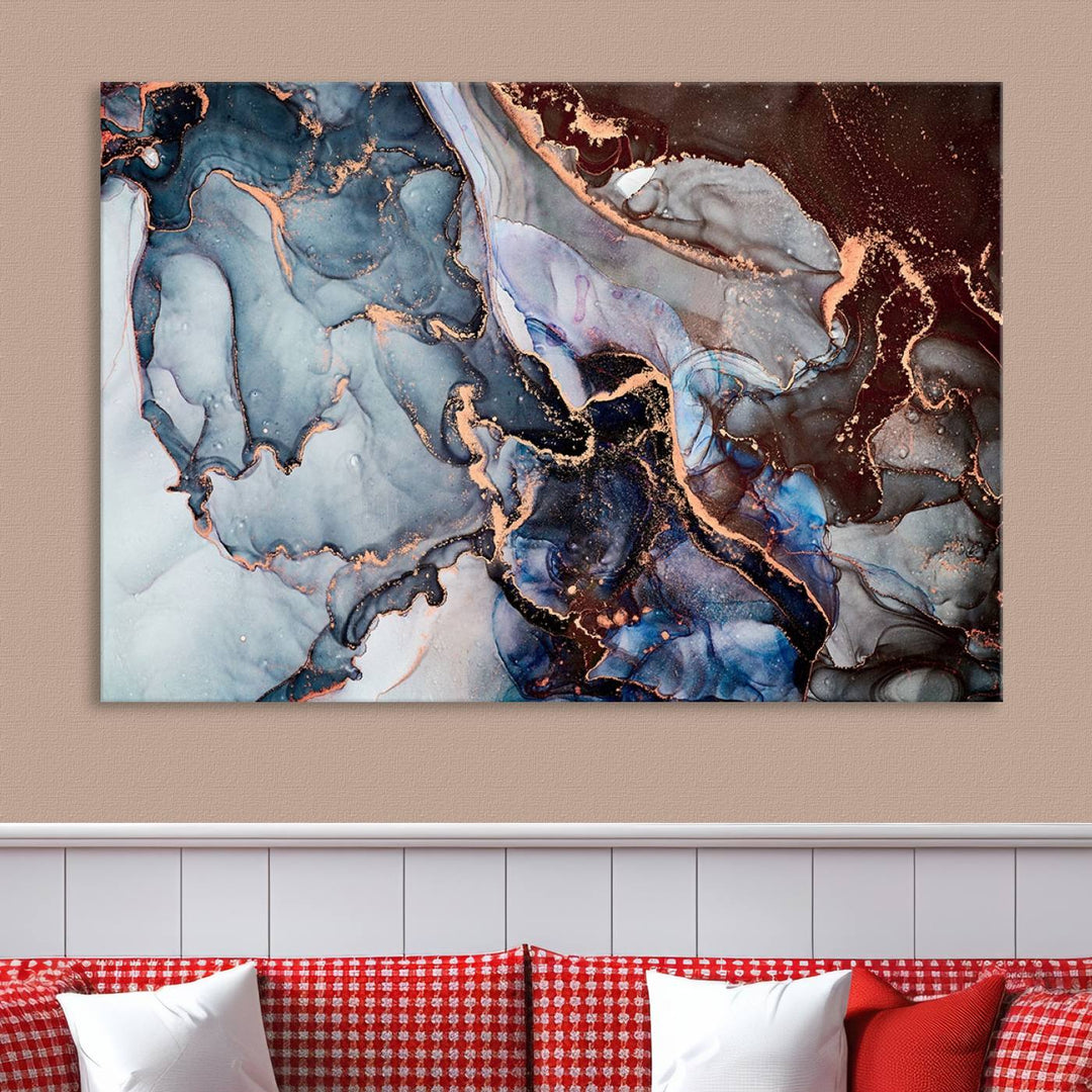 Brown Blue Abstract Marble Wall Art Canvas Print