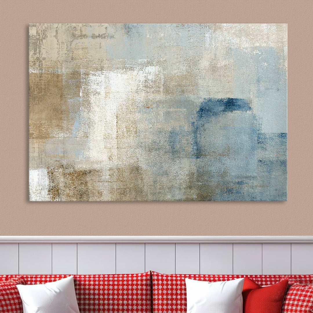 Abstract Blue and Beige Wall Art, Modern Minimalist Canvas Print Set, Giclee Textured Art, Large Multi-Panel Artwork for Living Room