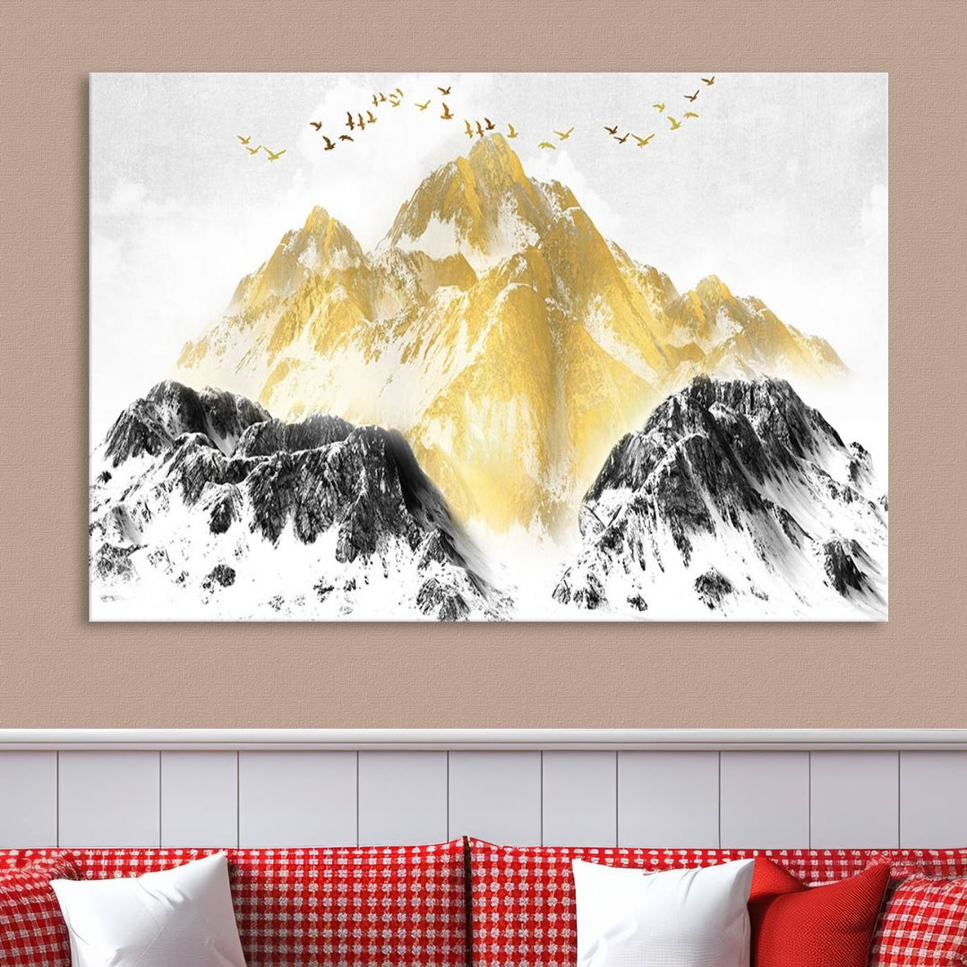 Golden Mountain Triptych Wall Art, Modern Giclee Canvas Print, Nature Landscape Decor for Living Room, Contemporary Gold and Black Wall Art