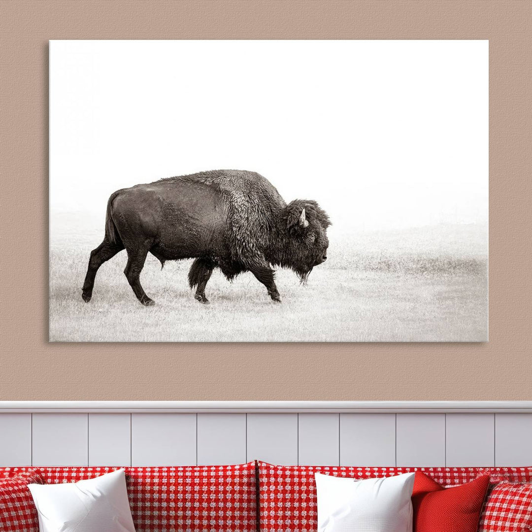 American Bison in Grasslands Triptych Canvas Wall Art – Western-Inspired Nature Decor for Home or Office