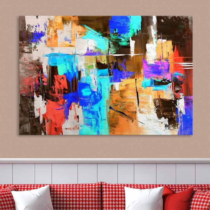 In a modern living room, the "Colorful Abstract Wall Art Canvas Print" serves as a stunning triptych centerpiece on museum-quality canvas, ready to hang. Its UV-protective coating ensures enduring vibrancy.