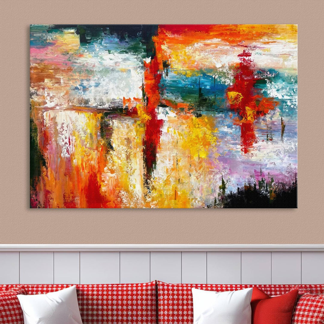 A Colorful Abstract Wall Art Canvas Print graces the wall, making this ready-to-hang masterpiece, complete with UV-protective coating, perfect for elevating any space with its vibrant allure.