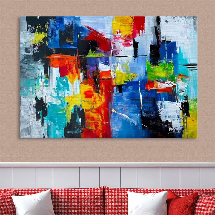 Three Colorful Abstract Wall Art Canvas Prints feature vibrant colors on museum-quality canvas and are finished with a UV-protective coating. Their ready-to-hang design allows for effortless transformation of your space.