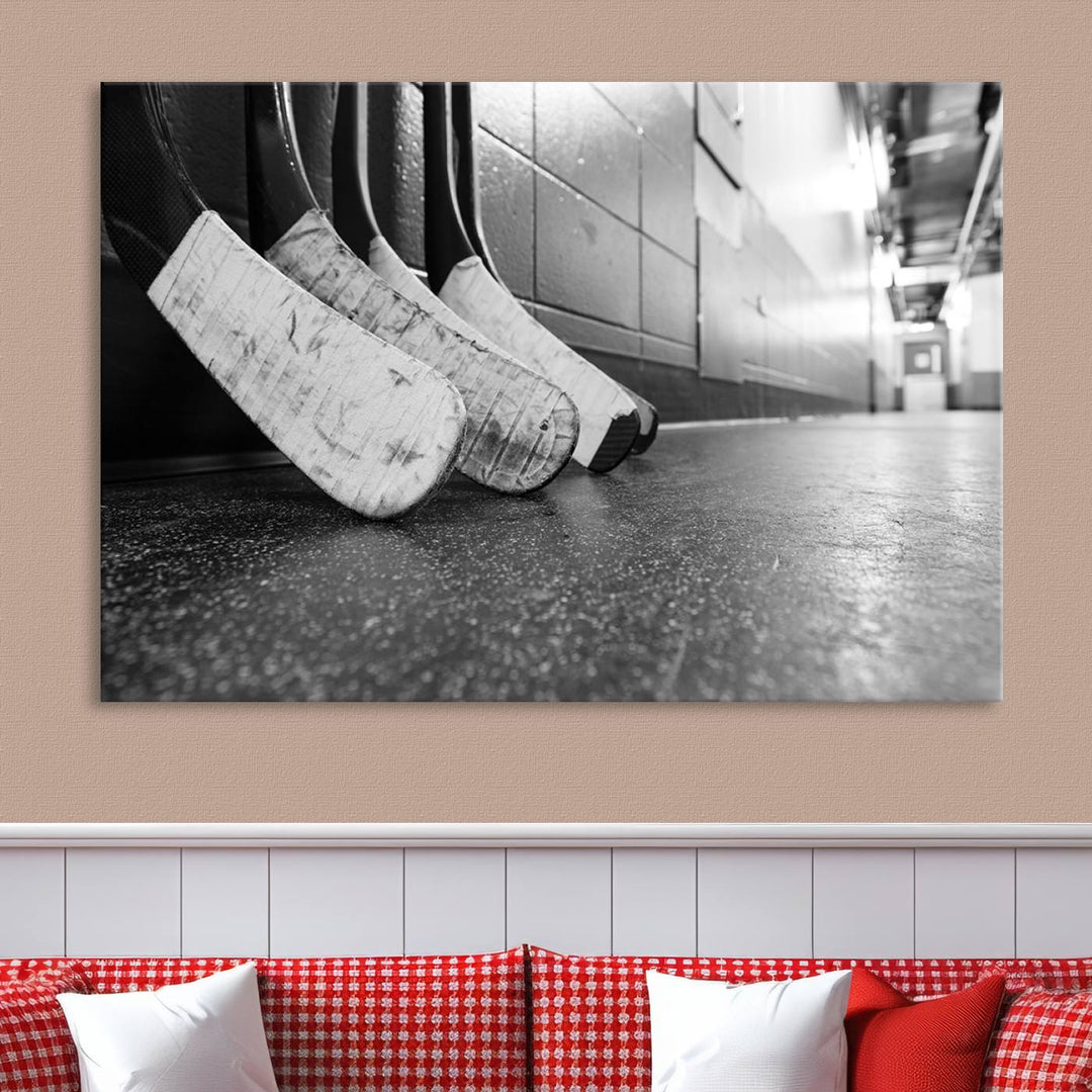 A living room featuring a large Ice Hockey Wall Art Canvas Print on gallery-wrapped canvas.