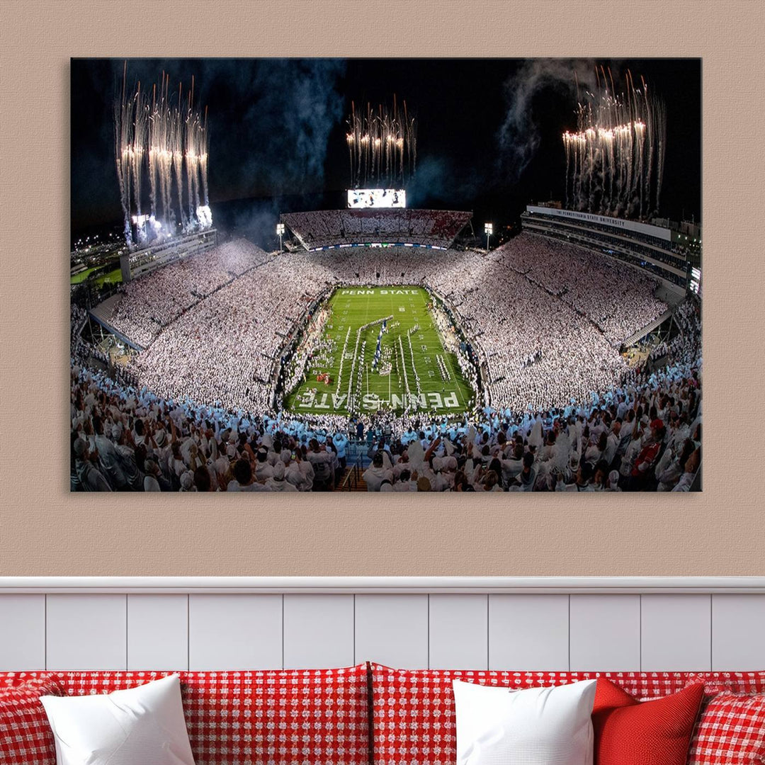 The Penn Stadium Football Wall Art Canvas Print showcases the lively ambiance of a bustling Pennsylvania University football stadium illuminated by fireworks.