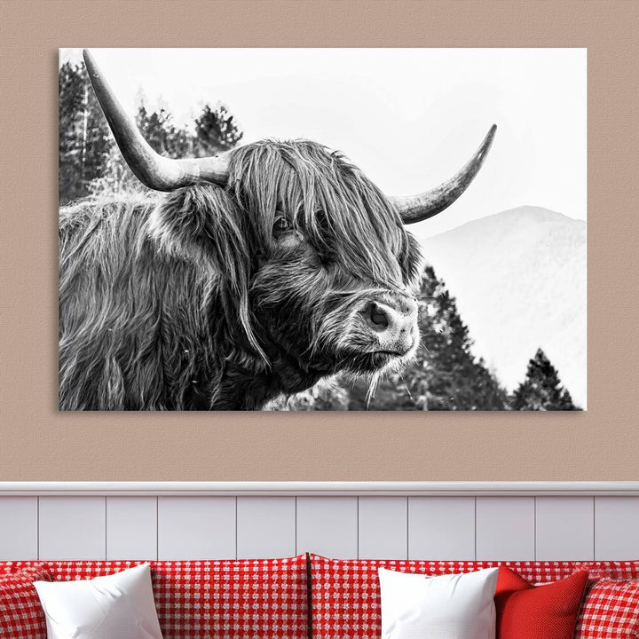 The Scottish Longhorn Wall Art Canvas Print features a highland cow with long horns and shaggy hair displayed on a museum-quality canvas. Equipped with a UV-protective coating for durability, it's ready to hang and enjoy for years to come.