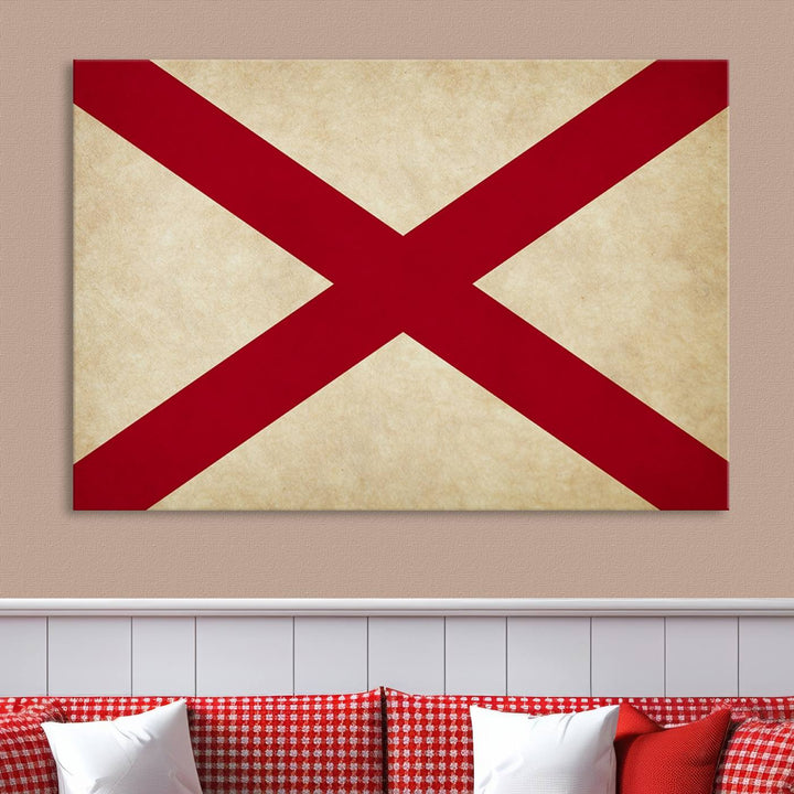 The USA Alabama States Flag Wall Art, featuring a red diagonal cross on a cream background, is elegantly displayed on museum-quality canvas with a UV-protective coating.