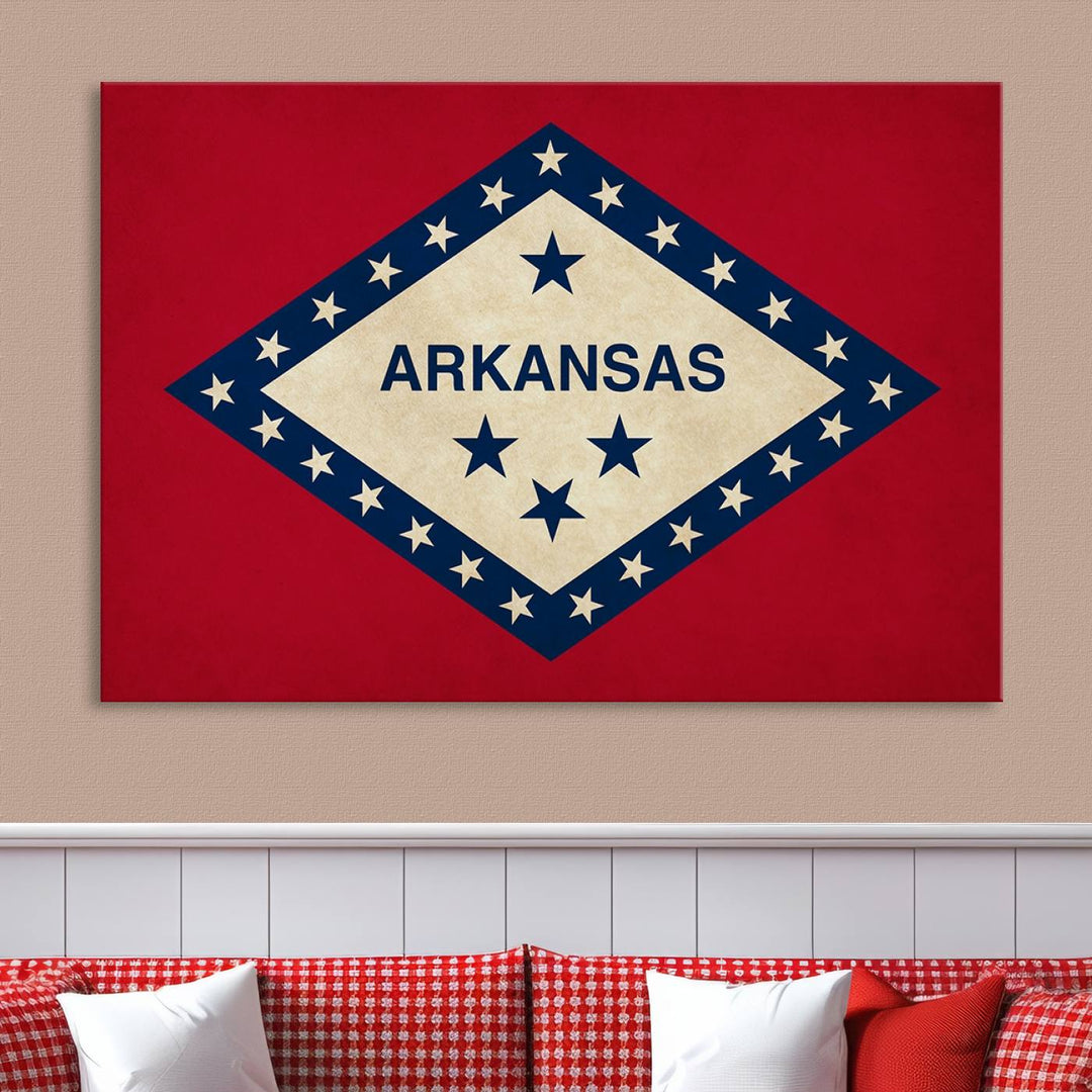 The Arkansas Flag Wall Art Canvas Print is displayed on gallery-wrapped, museum-quality canvases. Its vibrant colors are preserved by a UV-protective coating, ensuring long-lasting brilliance in your living space.