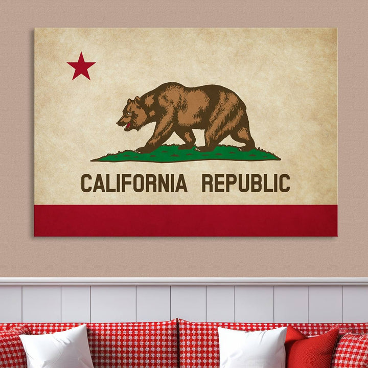 The Calinia States Flag Wall Art Canvas Print, featuring a bear and star design reminiscent of the California Republic flag, is crafted on museum-quality polycotton canvas with a UV-protective coating and is proudly made in the USA.