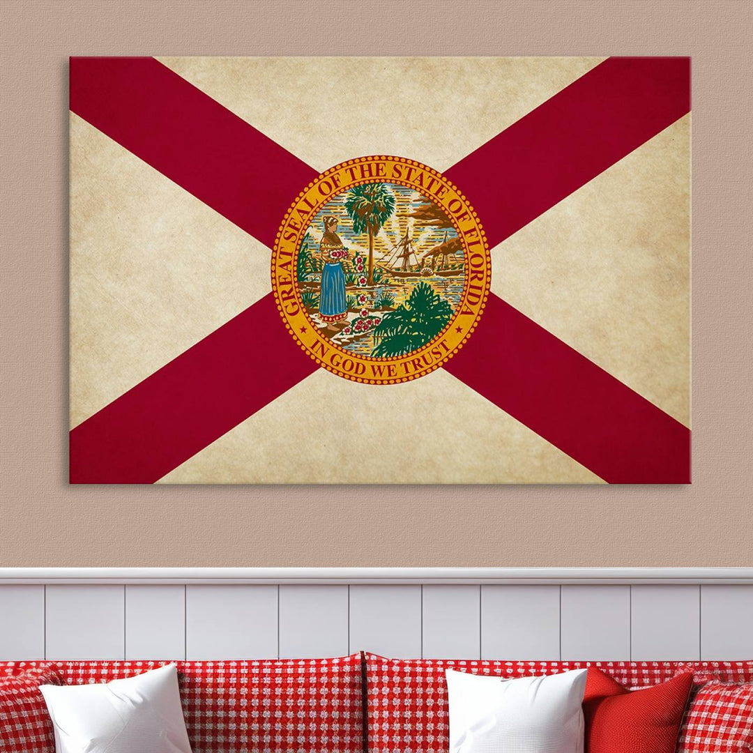 A Florida States Flag Wall Art Canvas Print, featuring a UV-protective coating for museum-quality preservation, is displayed.