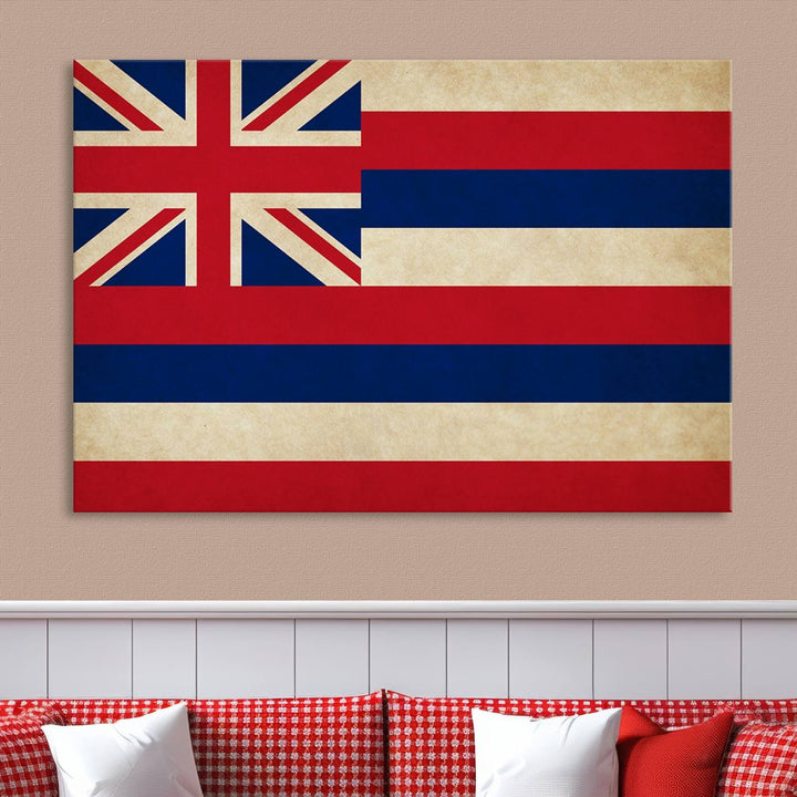 A stunning piece titled "Hawaii USA States Flag Wall Art Canvas Print" adorns the wall. This gallery-wrapped artwork is printed on museum-quality canvas and features a UV-protective coating, ensuring its vibrant colors remain timelessly beautiful.