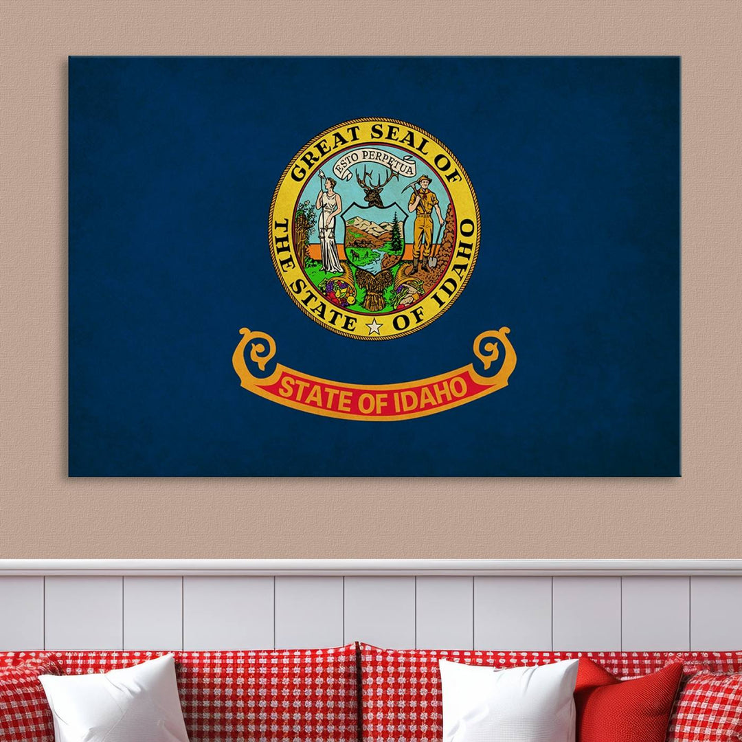 The Idaho USA States Flag Wall Art Canvas Print, featuring a UV-protective coating for lasting vibrancy, is ready to hang.